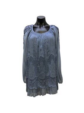 Tempo Paris Blue Embroidered Lace Long Sleeve Blouse Size M